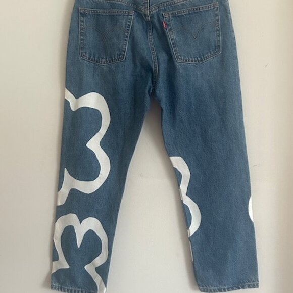 Crop Denim Paint by Number Flower Wavy Lined Straight Blue Jeans NWT - Picture 16 of 16